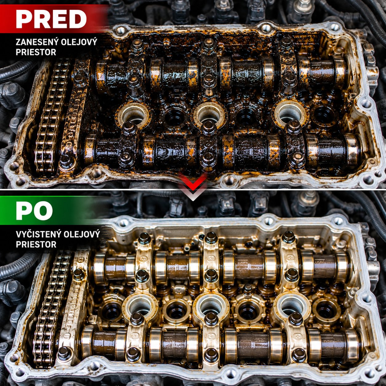 Výplach motora – pred a po